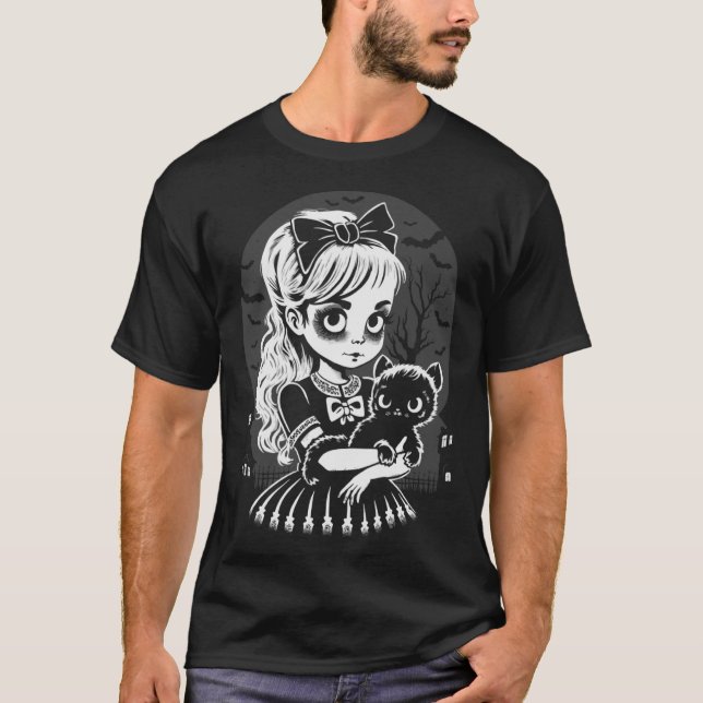 Goth Girl Holding A Black Cat On Halloween Night P T-Shirt (Front)