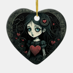 Goth Girl Holiday Ornament Heart Illustrated