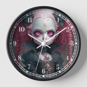 Goth Girl Pink Black Creepy Cute Clock