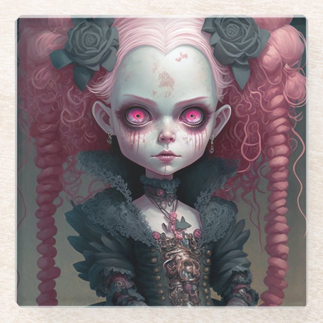 Goth Girl Pink Black Creepy Cute Glass Coaster (Front)
