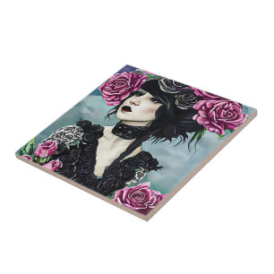 Goth Girl pink Roses fantasy art Ceramic Tile
