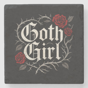 Goth Girl Red Rose Thorns Typography Floral Gothic Stone Coaster
