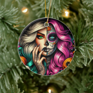 Goth Girl Sugar skull Ceramic Ornament