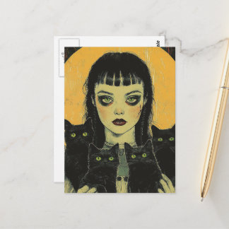 Goth Girl With Four Black Cats Postcard