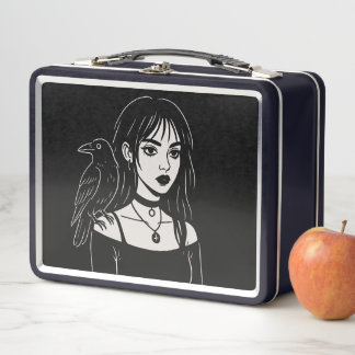 Goth Girl with Raven  Metal Lunch Box