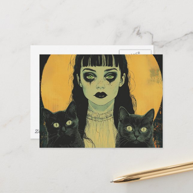Goth Girl With Two Black Cats Postcard (Front/Back In Situ)