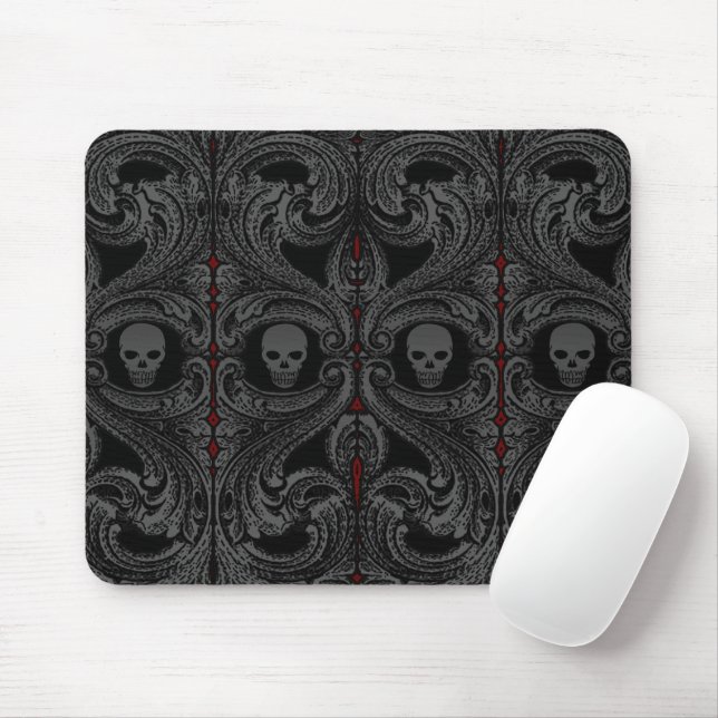 Goth Grey Ornament with Skull Mouse Pad (With Mouse)