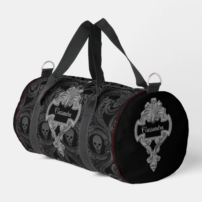 Goth Grey Ornament with Skull Personalised Duffle Bag (Left Corner)