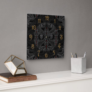 Goth Grey Ornament with Skull  Square Wall Clock