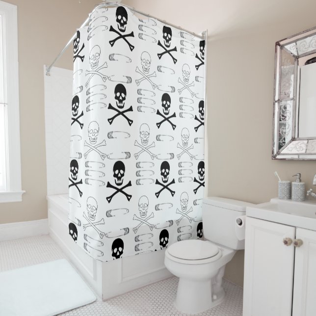 Goth Grunge Skulls Bones and Safety Pins Shower Curtain (In Situ)