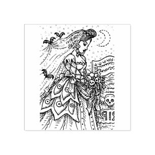 GOTH HALLOWEEN BRIDE, BAT VEIL, BOUQUET OF SKULLS RUBBER STAMP