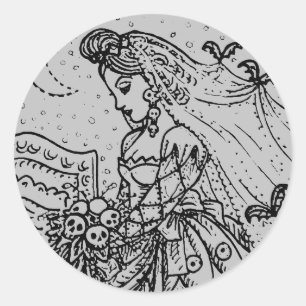 GOTH HALLOWEEN BRIDE, BATS, VEIL, SKULL BOUQUET CLASSIC ROUND STICKER