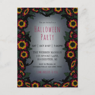 Goth halloween party invitation w flowers and bats postcard