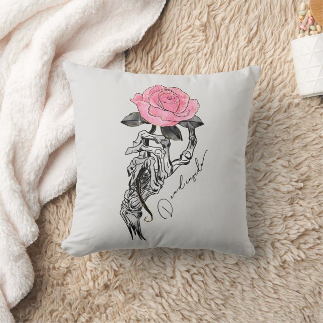 Goth Hand Skeleton With Pink Rose | Dead Inside Cushion (Blanket)