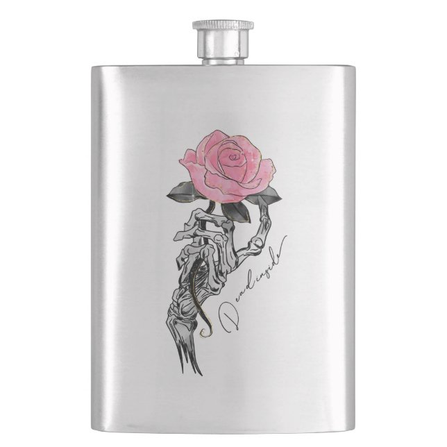 Goth Hand Skeleton With Pink Rose | Dead Inside Hip Flask (Front)