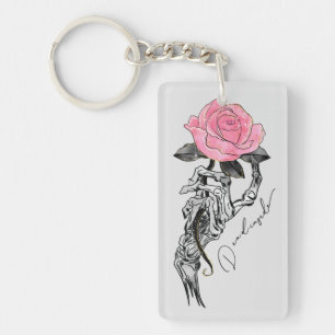 Goth Hand Skeleton With Pink Rose   Dead Inside Key Ring