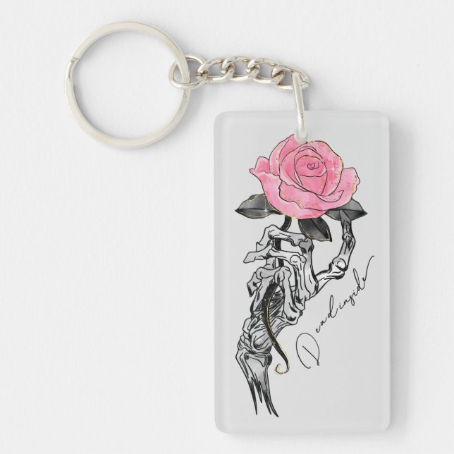 Goth Hand Skeleton With Pink Rose | Dead Inside Key Ring (Front)