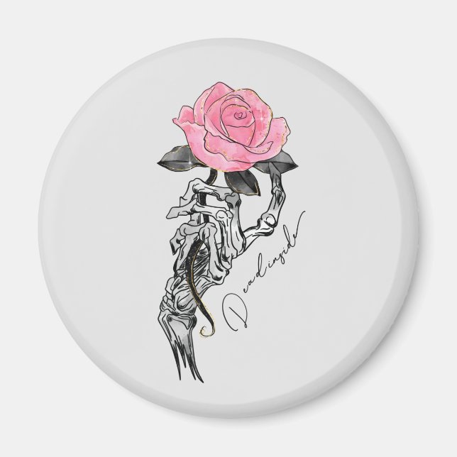 Goth Hand Skeleton With Pink Rose | Dead Inside Magnet (Front)