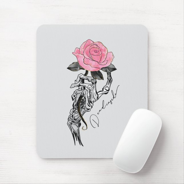 Goth Hand Skeleton With Pink Rose | Dead Inside Mouse Pad (With Mouse)