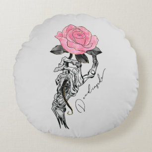 Goth Hand Skeleton With Pink Rose Dead Inside Round Cushion