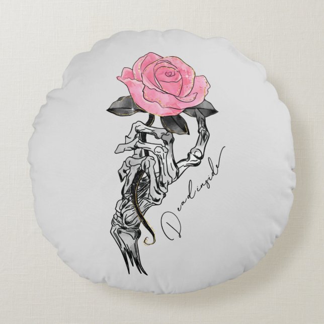 Goth Hand Skeleton With Pink Rose | Dead Inside Round Cushion (Front)