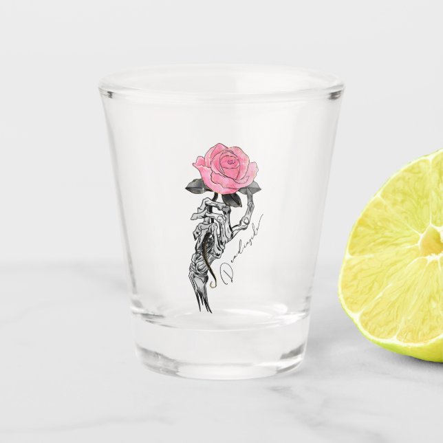 Goth Hand Skeleton With Pink Rose | Dead Inside Shot Glass (Front)
