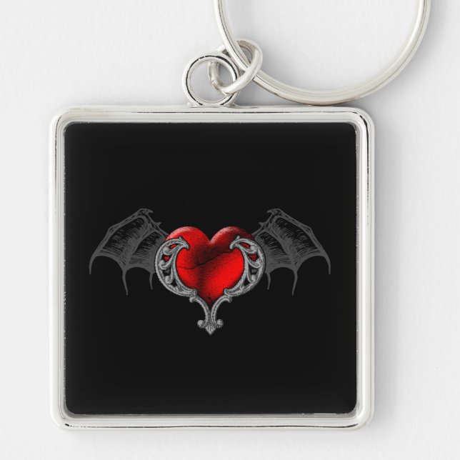Goth Heart with Bat Wings Keychain (Front)