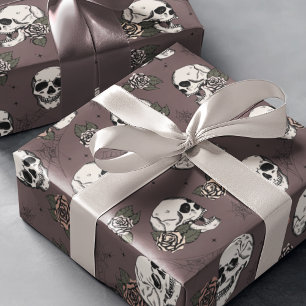 Goth Maroon Purple Skull and Flowers Halloween Wrapping Paper