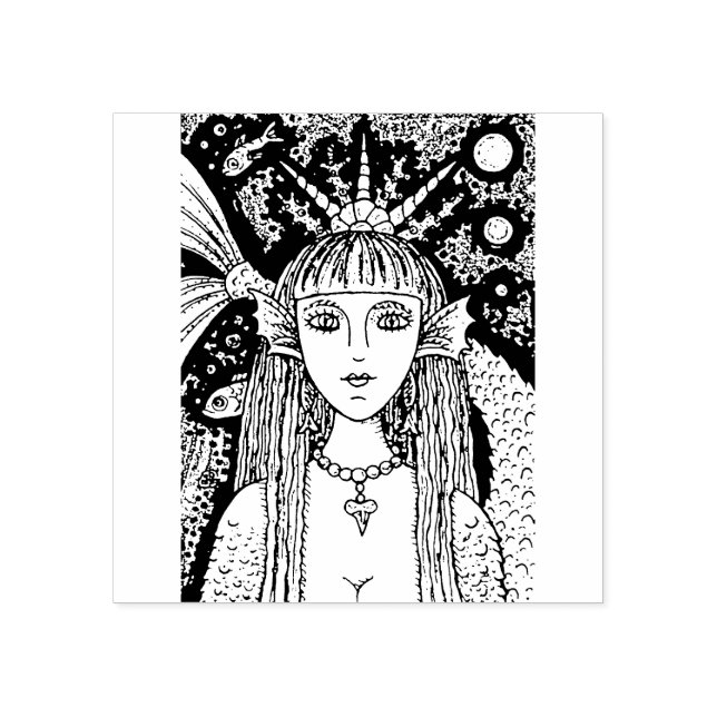 GOTH MERMAID, BLACK SEA SIREN FANTASY WHIMSY, FISH RUBBER STAMP (Imprint)
