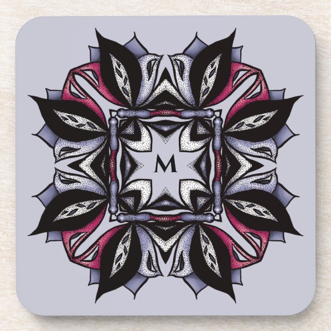 Goth Monogram Black Purple Gothic Mandala Coaster (Front)