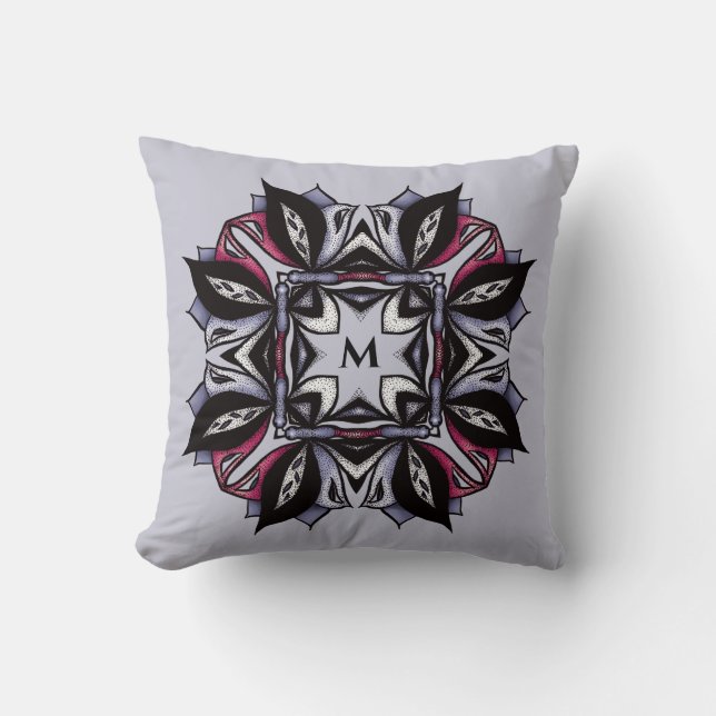 Goth Monogram Black Purple Gothic Mandala Cushion (Front)