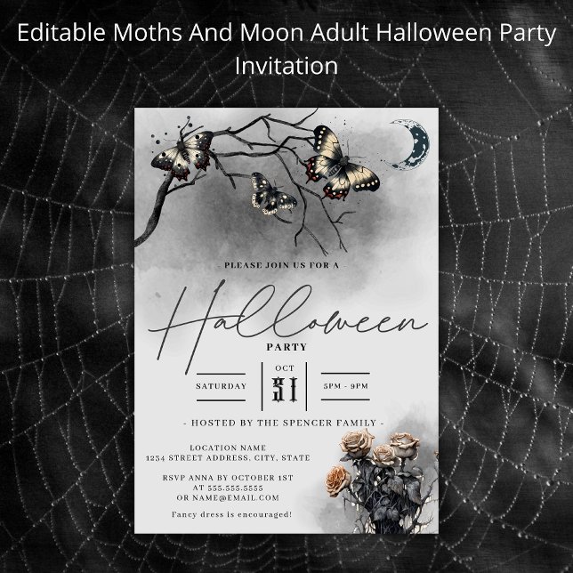 Goth Moths And Moon Black Adults Halloween Party  Invitation (Creator Uploaded)