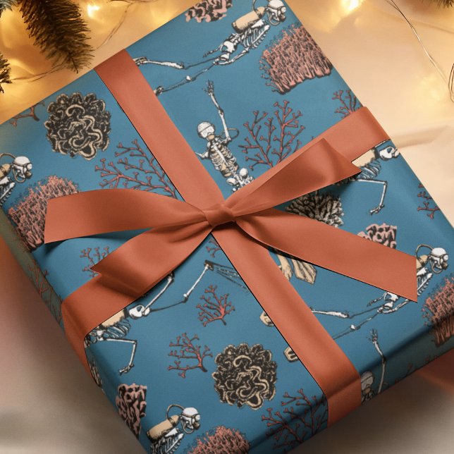 Goth Navy Skeleton Scuba Diver Wrapping Paper (Hand-Drawn in Black Ink, Skeleton Scuba Divers Swim among Red Corals Against a Dark Blue Background.)