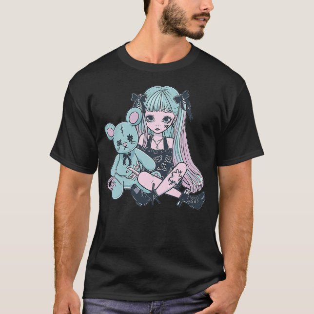 Goth Pastel Kawaii Anime Girl with Voodoo doll Ted T-Shirt (Front)