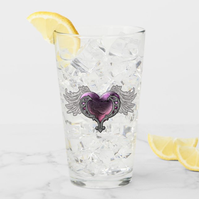 Goth Pink Heart with Angel Wings Glass Cup (Front Ice)