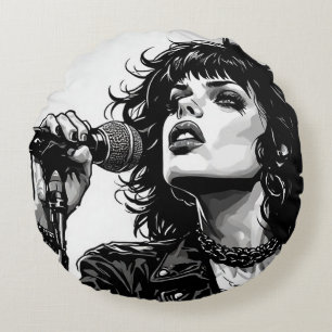 Goth Punk Girl Singer 50s Graphic Retro Comics BW Round Cushion