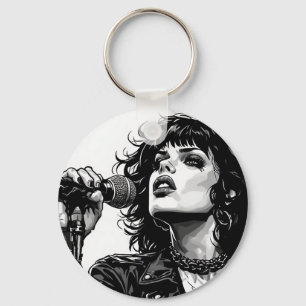Goth Punk Girl Singer Retro Graphic Art Style Key Ring