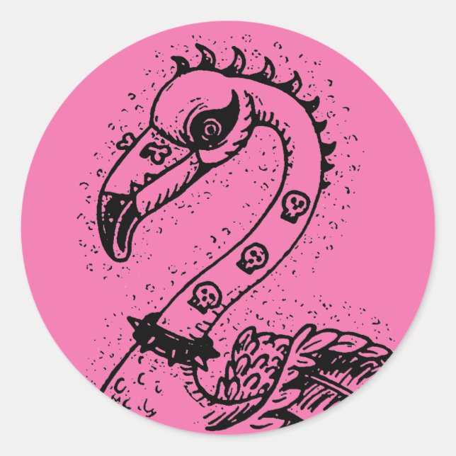 GOTH PUNK ROCKER FLAMINGO, SKULLS, SPIKED HAIR CLASSIC ROUND STICKER (Front)