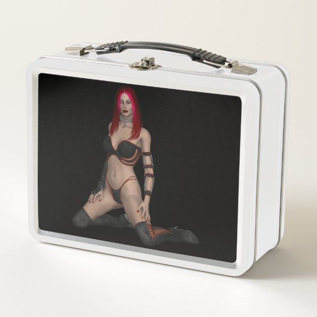 Goth Punk Vampire Woman in Black Leather Metal Lunch Box (Front)
