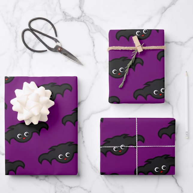 Goth Purple Black Kawaii Bat Pattern Wrapping Paper Sheet (Front)