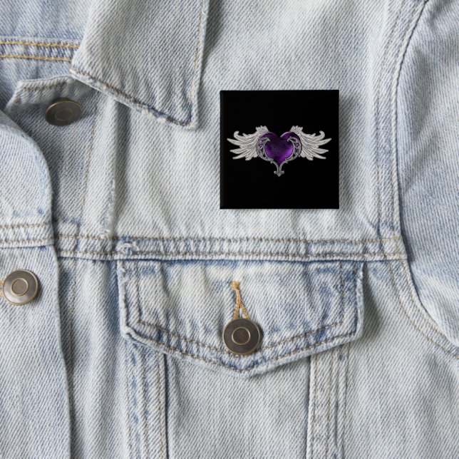 Goth Purple Heart with Angel Wings Button (In Situ)
