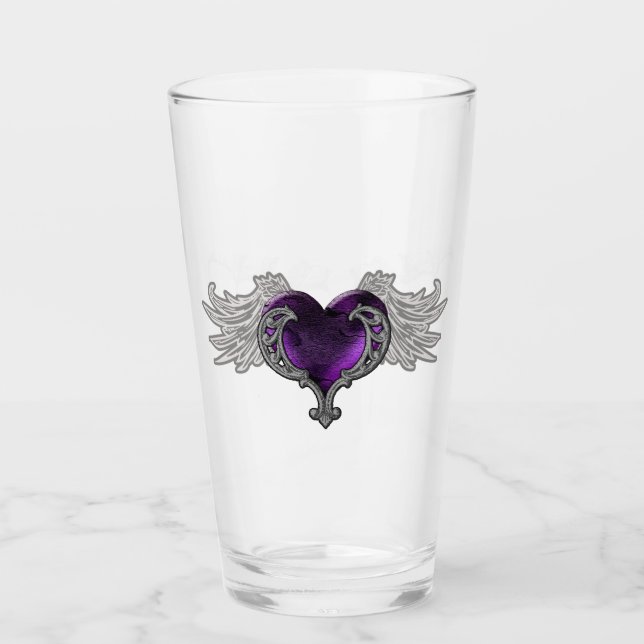 Goth Purple Heart with Angel Wings Glass Cup (Front)