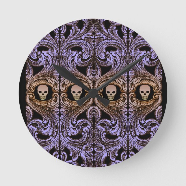 Goth Purple Ornament and Skull Round Clock (Front)