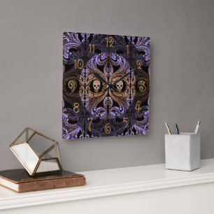 Goth Purple Ornament and Skull  Square Wall Clock