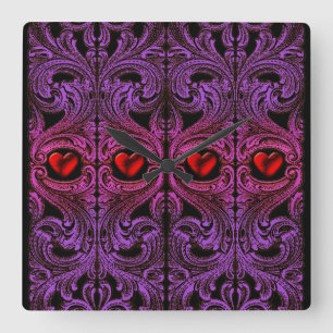 Goth Purple Ornament with Heart Square Wall Clock