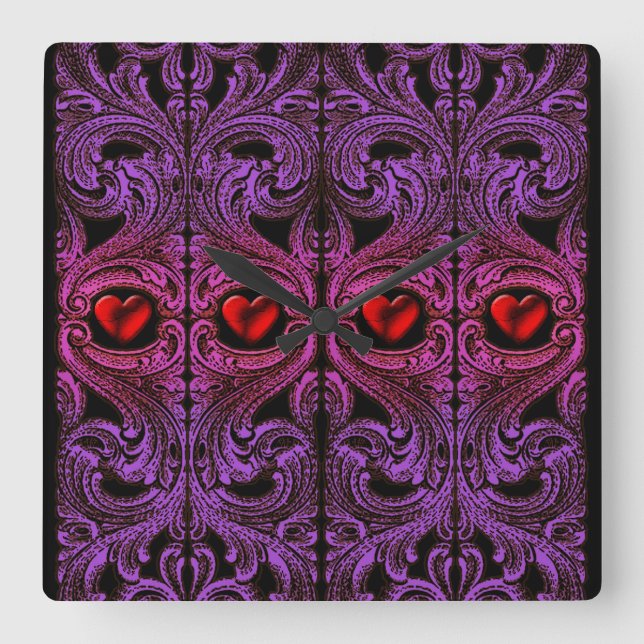 Goth Purple Ornament with Heart Square Wall Clock (Front)