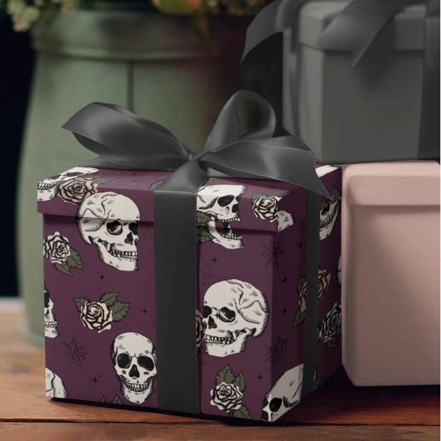 Goth Purple Skull and Flowers Halloween Wrapping Paper (Gothic Floral Skulls Pattern Wrapping Paper. Hand-Drawn Skulls, Roses & Webs on a Purple Background)