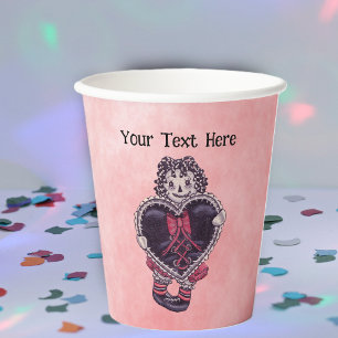 Goth Rag Doll Button Eyes Black Heart Bow Pink Paper Cups