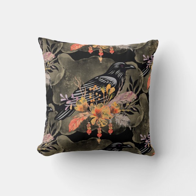 Goth Raven Throw Pillow (Front)