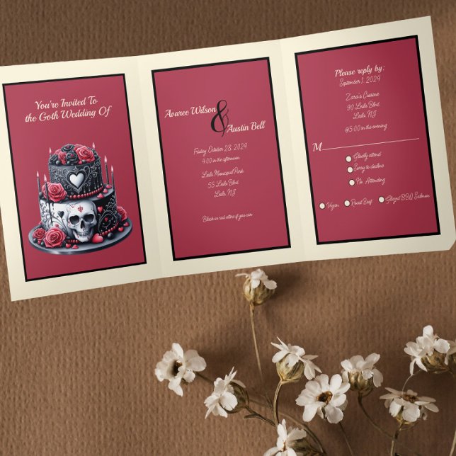 Goth Red and Black Wedding Cake  Tri-Fold Invitation (Creator Uploaded)
